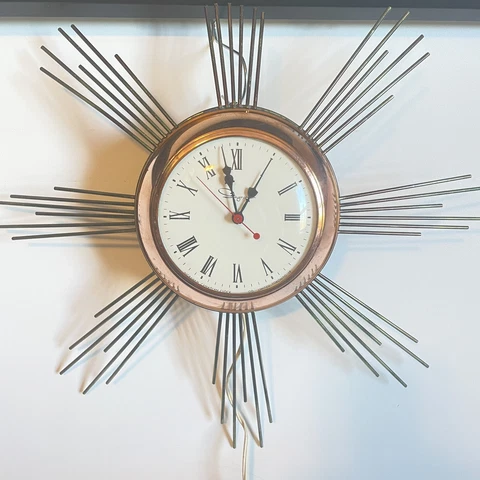 Vintage Starburst Wall Clock Copper Front Case mid Century Ingraham Cover