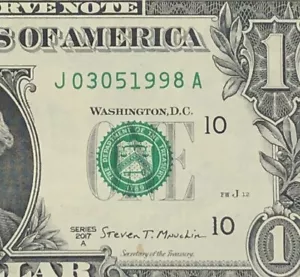 March 5, 1998 Birthday Note Fancy Serial Number One Dollar Bill J03051998A FW - Picture 1 of 7
