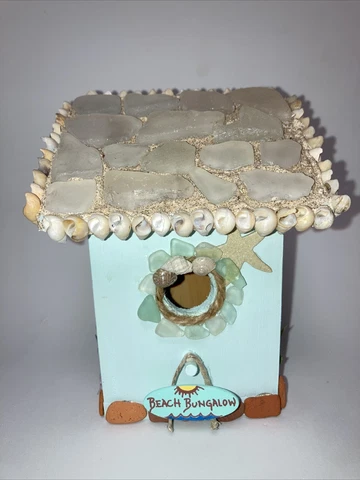 Handmade Wood Birdhouse Coastal Beach Theme Beach Bungalow Beach Glass Sea Shell Cover