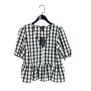 New Look Ivory Black Check Button Up Puff Sleeve Peplum Blouse - Size 12 NEW - Picture 1 of 13