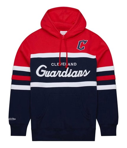 Felpa con cappuccio pullover uomo Cleveland Guardians MLB Mitchell & Ness Head Coach nuova con etichette