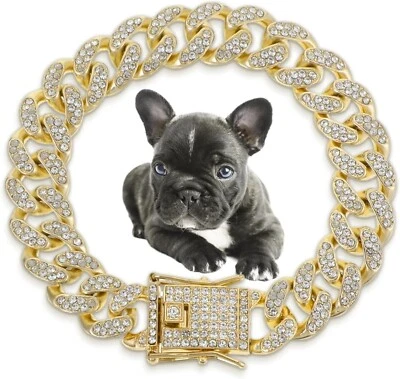 Gold-Plated Cuban Chain Pet Collar with Cubic Zirconia Bling Necklace  Cat Dog - Image 1 of 4