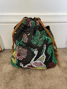 Vintage Multicolor beaded bird swan garden flower pond drawstring tote Bag - Picture 1 of 10