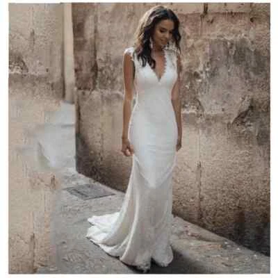 Sexy Boho Wedding Dresses V-Neck Backless Sweep Train Lace Applique Bridal Gowns - Image 1 of 4