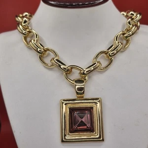 Vintage Givenchy Chunky Gold Tone Collar Necklace Purple Rhinestone Cabochon EUC - Picture 1 of 18