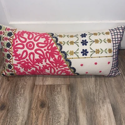 Anthropologie Embroidered Lizzie Throw Pillow 12” x 27” Boho Floral Removable - Image 1 of 3