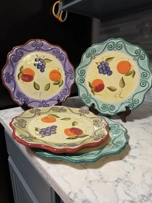 Set 4 Tabletops Unlimited Medici Hand Painted Round 11" Plates Colorful Fruit - Image 1 of 4