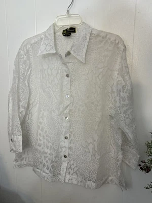 Blusa Mirasol XL Blanca Estampado Animal Semi Sábana Manga 3/4 Playa Crucero Usada en Excelente Condición Foto 1 de 3