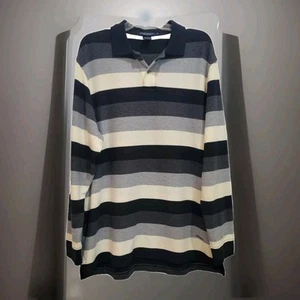 Daniel Cremieux Striped Polo Shirt Size Large Gray Ivory Long Sleeve Side Slits - Picture 1 of 9