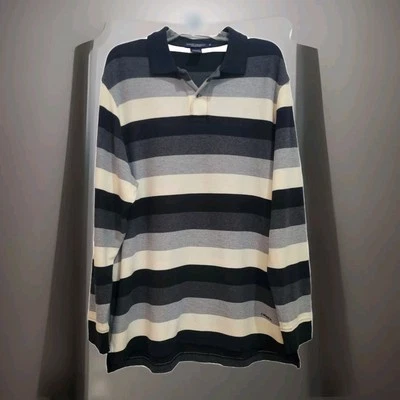 Daniel Cremieux Striped Polo Shirt Size Large Gray Ivory Long Sleeve Side Slits - Image 1 of 4