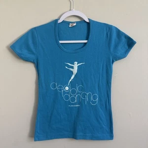 T-shirt vintage JACKI SORENSEN danza aerobica suonatore taglia S made in USA blu - Foto 1 di 10
