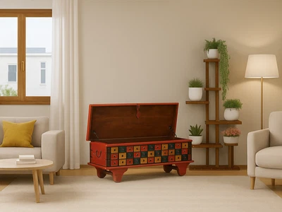 Aufbewahrungstruhe Rot 110 x 40 x 40 cm Massivholz Akazie B-Ware Versandschaden - Bild 1 von 2