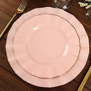 10 BLUSH 9" Round PLASTIC Salad Dinner PLATES Gold Wavy Rim Wedding Party - Picture 1 of 8