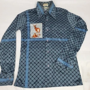 VINTAGE 70's Yvonne Disco Shirt Mens Small DEER FOREST Geometric Polyester - Picture 1 of 13