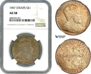 AJ033, Straits Settlements, Edward VII, 1 Dollar 1907, London Mint, NGC AU 58 - Picture 1 of 1