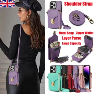 Wallet Case For iPhone 16 15 14 13 12 Pro Max Plus Leather Cover Shoulder Strap - Picture 1 of 79