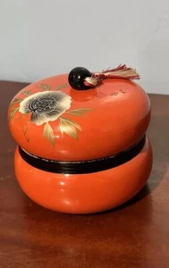 Vintage Orange Rund Lack Pulver Tee Schmuck Schüssel Schale asiatische Quaste ** MÄNGEL - Bild 1 von 24