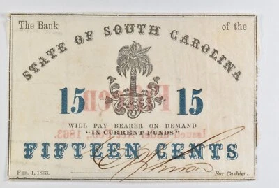 1863 15 Cents State Of South Carolina Bank Note *8463 - Image 1 of 3