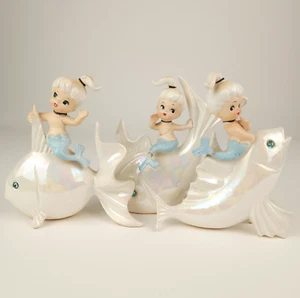 Vintage MCM Ceramic Mermaids Riding Fish Blue Wall Decor Norcrest P-697 Set (3) - Picture 1 of 24