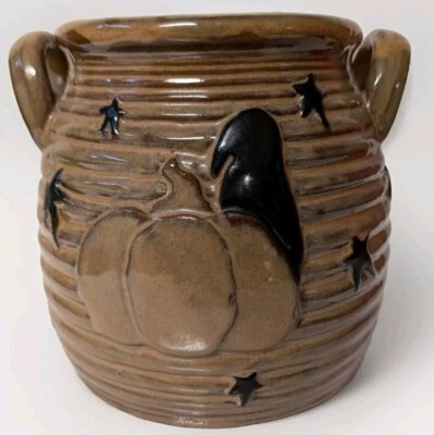 Prim Crock Crow Honey Jar Glazed Ceramic W Handles Pumpkin Stars Ribbed Brown  - Image 1 of 4