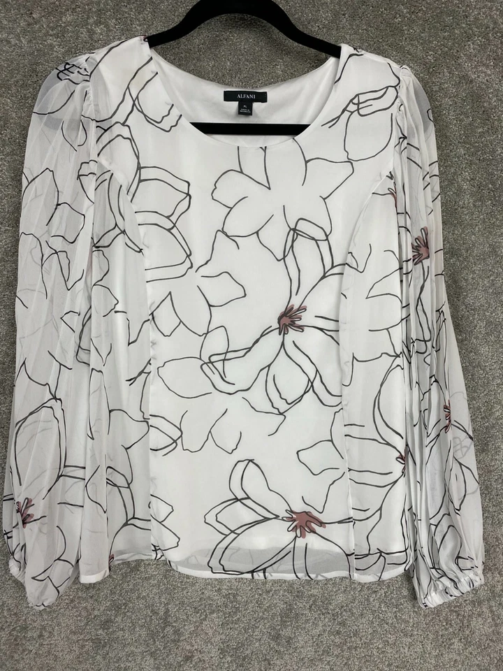 Alfani Women's Floral Blouse Sleeve Scoop Neck Top White Size PET/L