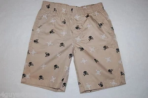 Boys Shorts BEIGE TAN Elastic Waist BLACK WHITE SKULL CROSSBONES Size XS 4 S 5-6 - Picture 1 of 1