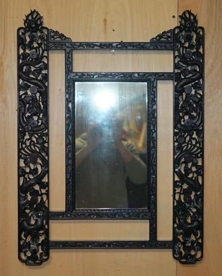 LOVELY ORNATELY CARVED VINTAGE CHINESE DRAGON WALL MIRROR WITH ORIGINAL PLATE - Image 1 of 4
