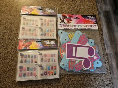 "Trolls" Birthday Party Press On Nails 8 Girls Plus Music Is Life Banner - Image 1 of 4