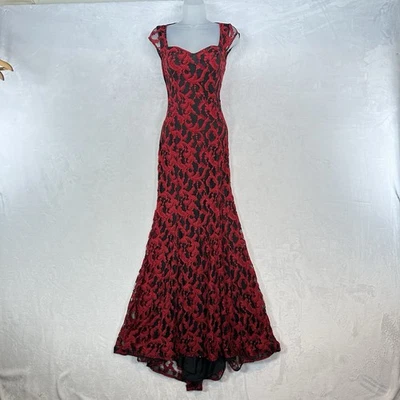 Vintage Betsy Adam Dress Womens 6 Red Black Lace Maxi Romantic Vamp Gown Formal - Image 1 of 4