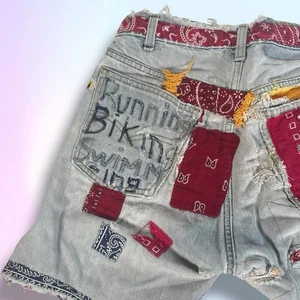 VTG 30” DIY Thrashed Punk ‘Athletic’ Denim Cut-Off Jean Shorts 80s Popeye Patch - Picture 1 of 17