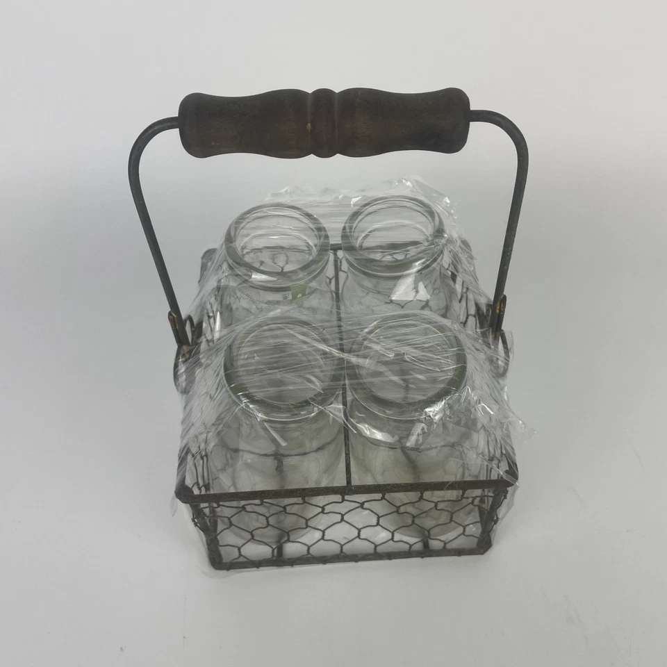 Chicken Wire Bottle Carrier w/ Wood Handle + (4) 4" Dairy Milk Bottles Farmhouse - Image 1 of 2