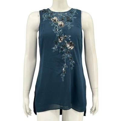 Top Casa Blanca Mercado Negro Mujer 2 Azul Verde Azulado Floral Lentejuelas Cuentas Hada Foto 1 de 4