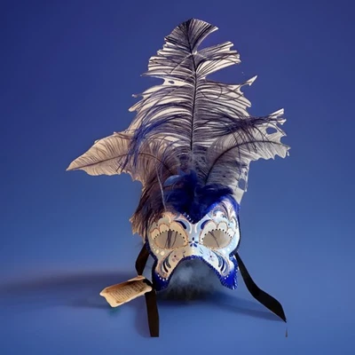 Original 2013 Royal Blue Feather Silver Venetian Masquerade Mask Signed & Dated - Image 1 of 4