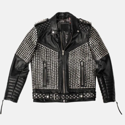 Men's Black Genuine Leather Punk Style Studded Jacket , Gangster Jacket - Image 1 of 4