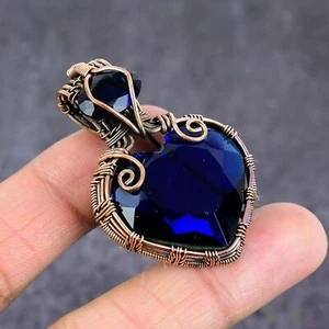 London Blue Topaz Gemstone Handmade Copper Wire Wrap Jewelry Pendant 2.05" S546 - Picture 1 of 5
