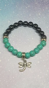 Turquoise Howlite & Grey Hematite Dragonfly Beaded Bracelet. Handmade Jewellery - Picture 1 of 5