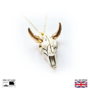 Bull Ox Head Skull Pendant Necklace Longhorn Cattle Enamel Vintage Western - Picture 1 of 10