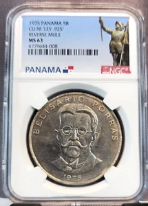 1975 PANAMA  5 BALBOAS 5B CU-NI "LEY .925" REVERSE MULE NGC MS 63 SCARCE COIN - Picture 1 of 3