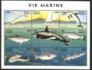 Mali Stamp - Flying fish, sail boat, porpoise, shark, whale - NH
