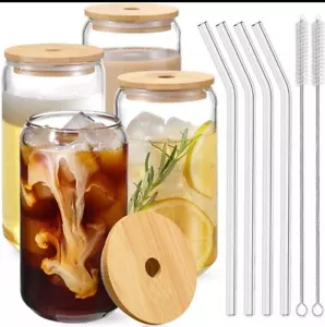 4 Set Glass Cups with Bamboo Lids and Straws 16oz Ice Coffee Cup Set • NIB - Picture 1 of 7