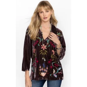 Blusa Grande JOHNNY WAS Amarylla Terciopelo Popover Marrón Floral Bordado - Imagen 1 de 16