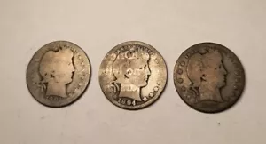 3-Coin Lot Barber Quarters, 1901-O, 1904-O, 1905-S - Picture 1 of 8