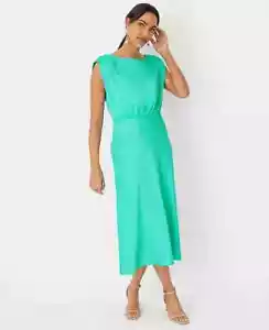 NEW $179 Ann Taylor Shirred Shoulder Flare Dress mint glow midi dress sz 6 - Picture 1 of 4