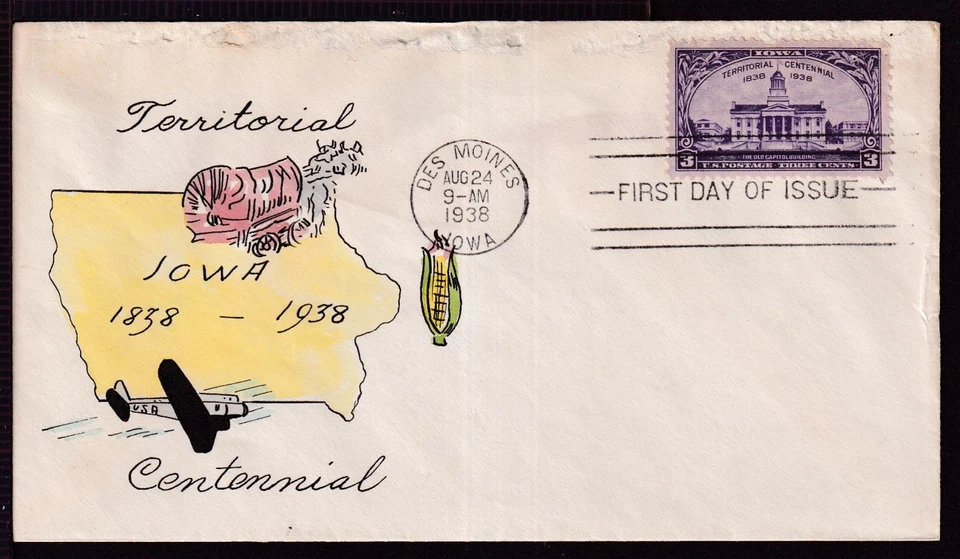 1938 IOWA centennial Sc 838-81a FDC Florene Edmiston cachet CV $300 (09G - Image 1 of 3