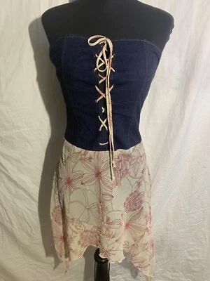 Vintage Y2K lace up denim strapless tank top with sheer asymmetrical bottom - Image 1 of 4