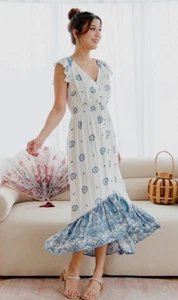 Neu mit Etikett Anthropologie Kindred Petite Damen Midi weiß blau Kleid L #166636 Größe L - Bild 1 von 10