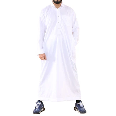 Hombre Blanco Thobe Jubba Saudi Ramadan Eid Islámico Caftán Kaudara Árabe Jubbah - Imagen 1 de 4