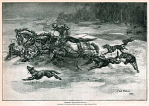 Caballos de carruaje de ataque WOLF en invierno, impresión antigua de los años 1890 - Imagen 1 de 3