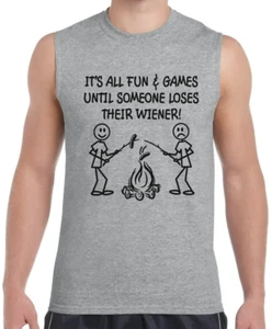 Funny Camping T-shirt Mens Sleeveless Shirt Muscle Tees Mens Cut Off Shirts - Picture 1 of 2