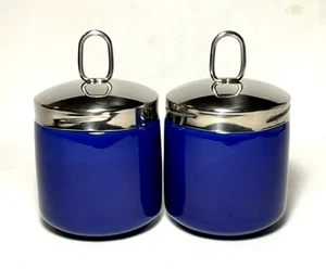 Pair of Midnight Blue Porcelain EGG CODDLERS w/Metal Lids & Lift Rings (7 oz) - Picture 1 of 5